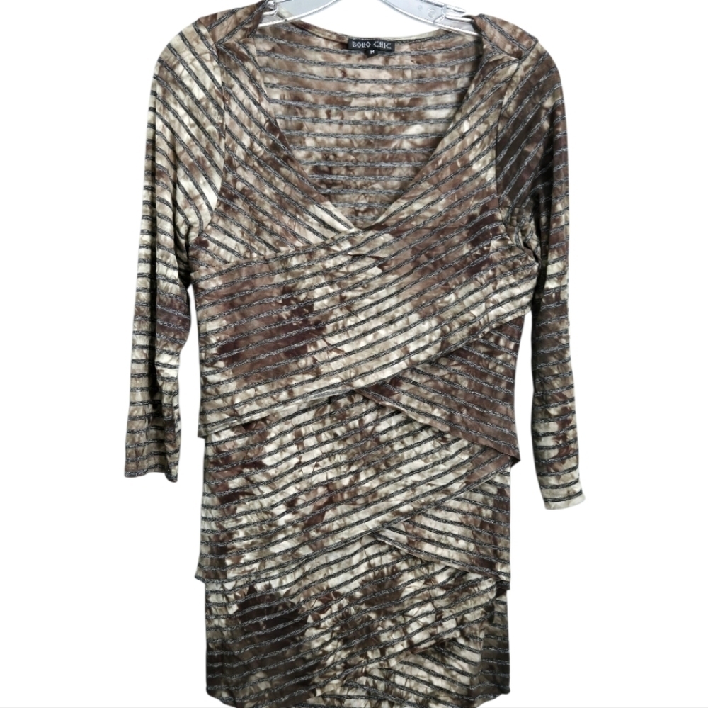 Boho Chic Brown and Tan 3/4 Sleeve Scoop Neck Shirt, Medium